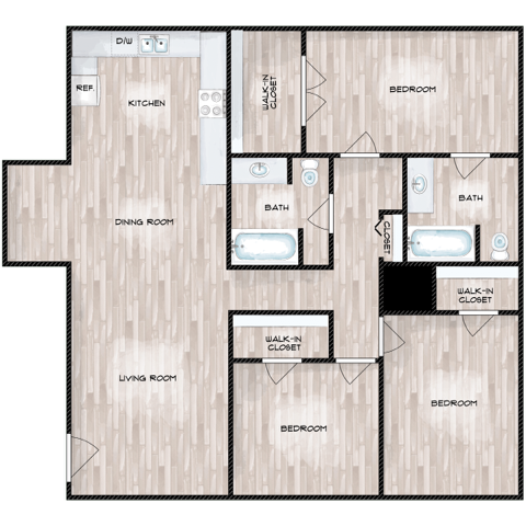 3 Bed 2 Bath Floor Plan at Boston Woods Apartments, Texas
